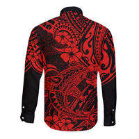 Hawaii Shark Long Sleeve Button Shirt Polynesian Pattern Red Version LT01 - Polynesian Pride