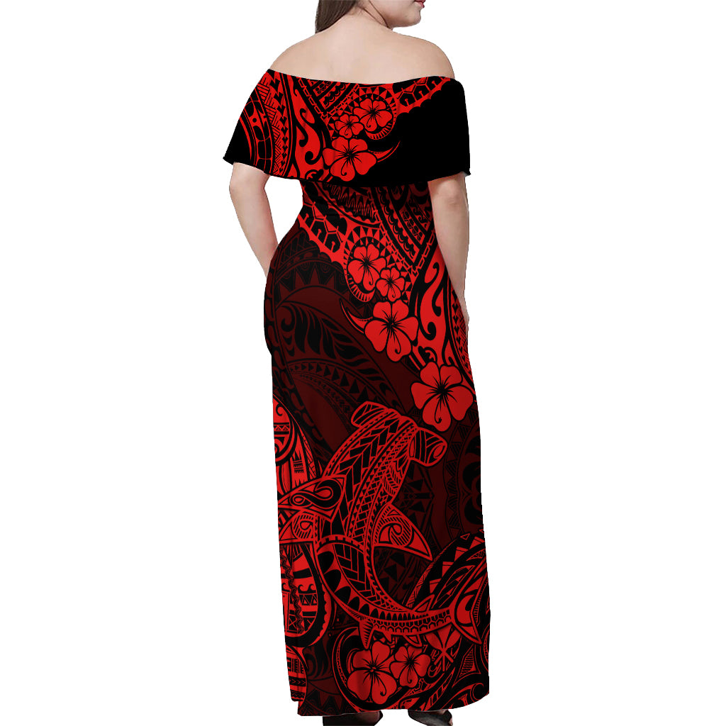 Hawaii Shark Off Shoulder Maxi Dress Polynesian Pattern Red Version LT01 - Polynesian Pride