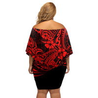 Hawaii Shark Off Shoulder Short Dress Polynesian Pattern Red Version LT01 - Polynesian Pride