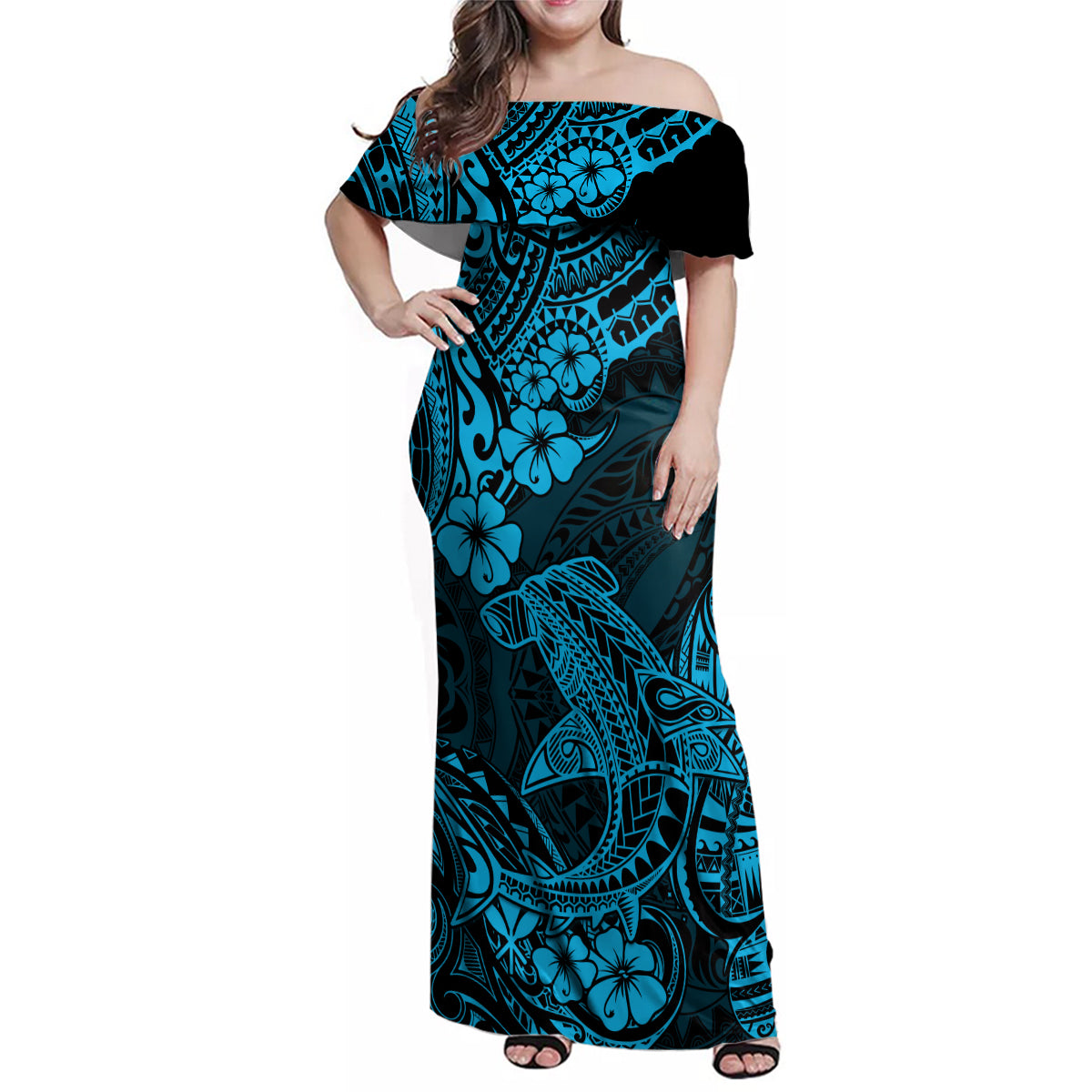 Hawaii Shark Family Matching Off Shoulder Maxi Dress and Hawaiian Shirt Polynesian Pattern Sky Blue Version LT01 Mom's Dress Blue - Polynesian Pride