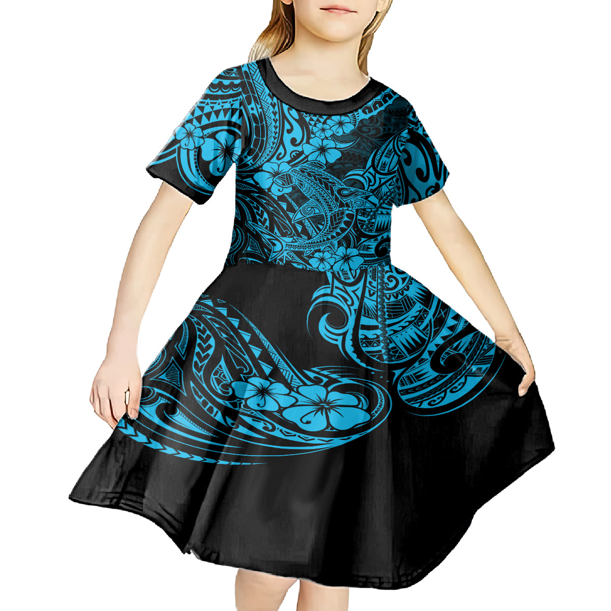 Hawaii Shark Kid Short Sleeve Dress Polynesian Pattern Sky Blue Version LT01 - Polynesian Pride