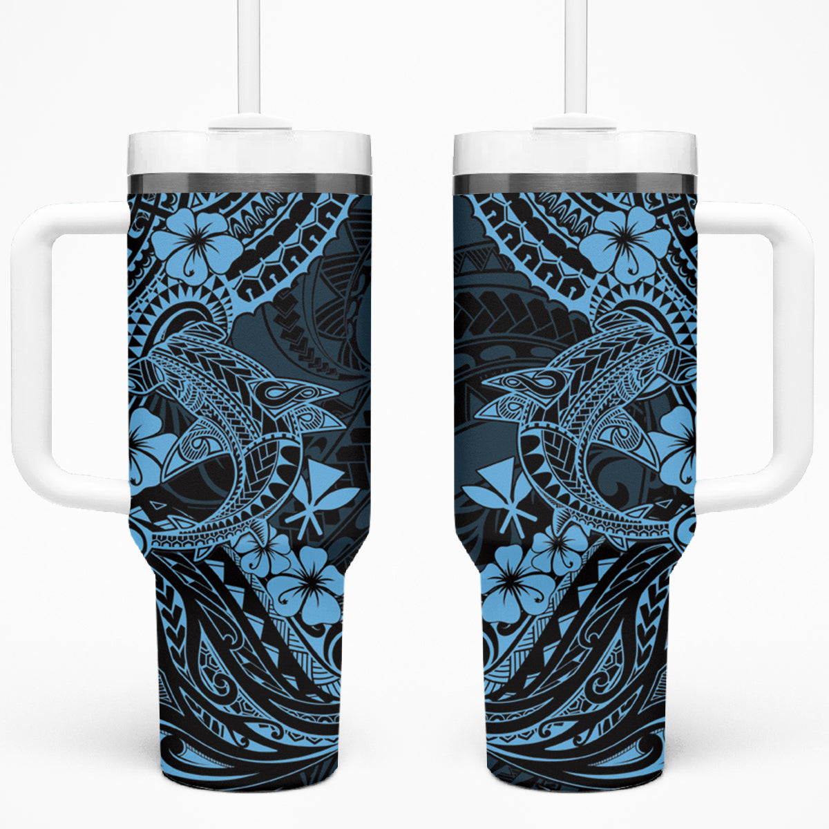 Hawaii Shark Tumbler With Handle Polynesian Pattern Sky Blue Version