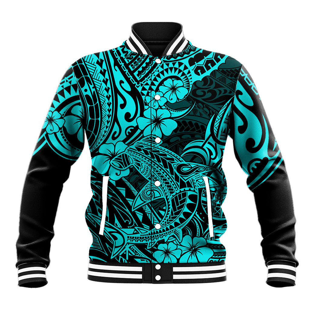 Hawaii Shark Baseball Jacket Polynesian Pattern Turquoise Version LT01 Unisex Turquoise - Polynesian Pride
