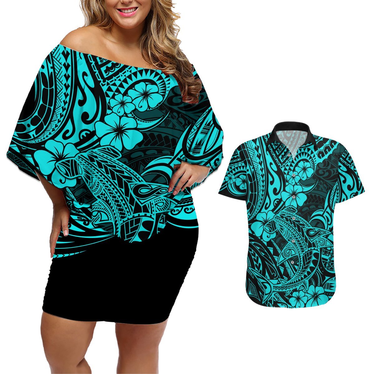 Hawaii Shark Couples Matching Off Shoulder Short Dress and Hawaiian Shirt Polynesian Pattern Turquoise Version LT01 Turquoise - Polynesian Pride