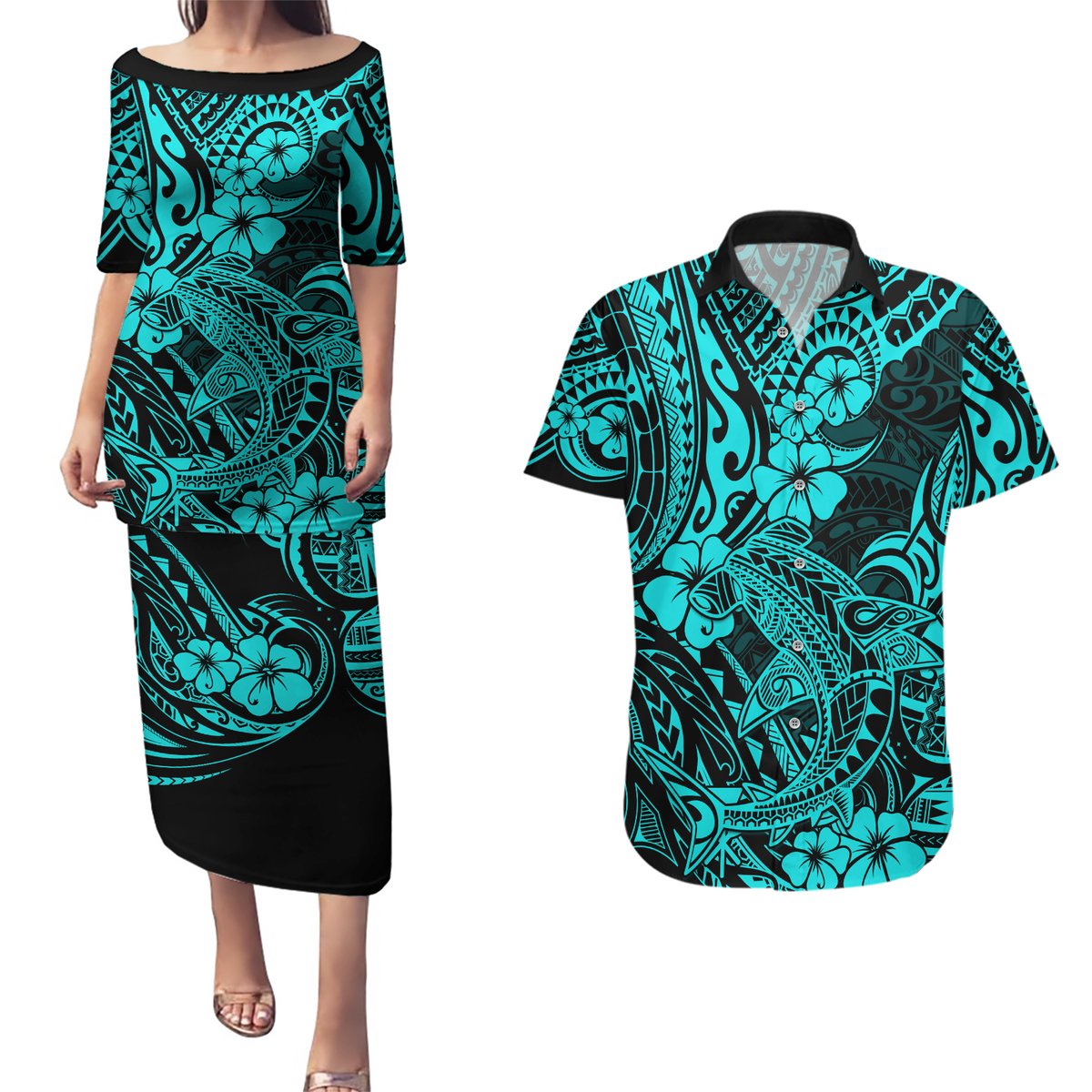 Hawaii Shark Couples Matching Puletasi Dress and Hawaiian Shirt Polynesian Pattern Turquoise Version LT01 Turquoise - Polynesian Pride
