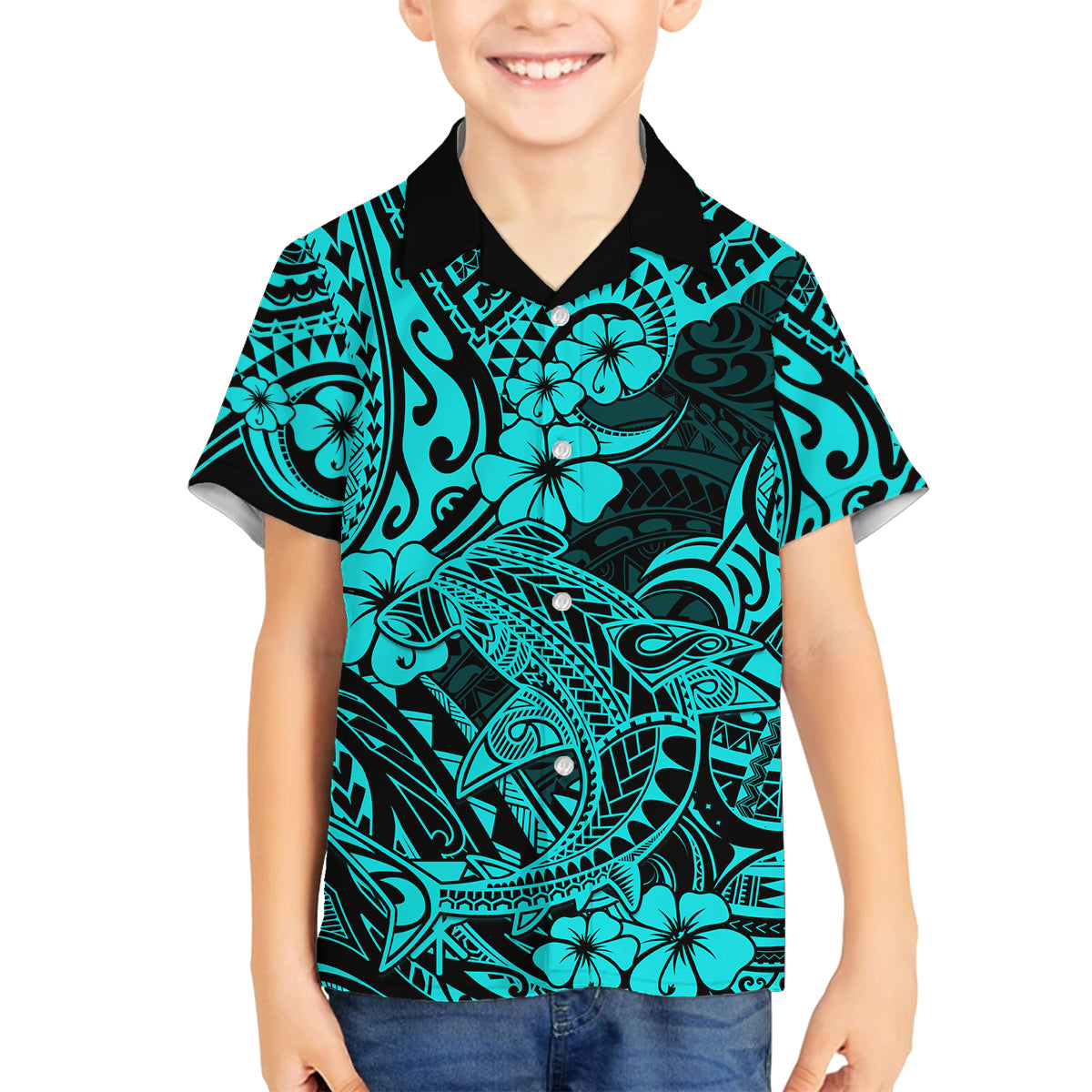 Hawaii Shark Family Matching Long Sleeve Bodycon Dress and Hawaiian Shirt Polynesian Pattern Turquoise Version LT01 Son's Shirt Turquoise - Polynesian Pride
