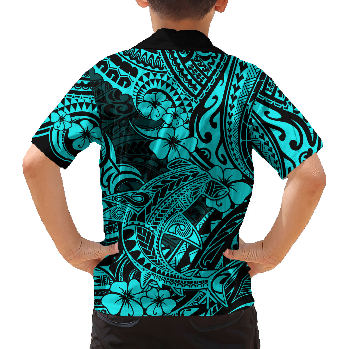 Hawaii Shark Family Matching Off Shoulder Long Sleeve Dress and Hawaiian Shirt Polynesian Pattern Turquoise Version LT01 - Polynesian Pride