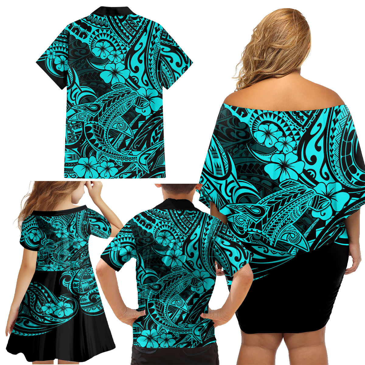 Hawaii Shark Family Matching Off Shoulder Short Dress and Hawaiian Shirt Polynesian Pattern Turquoise Version LT01 - Polynesian Pride