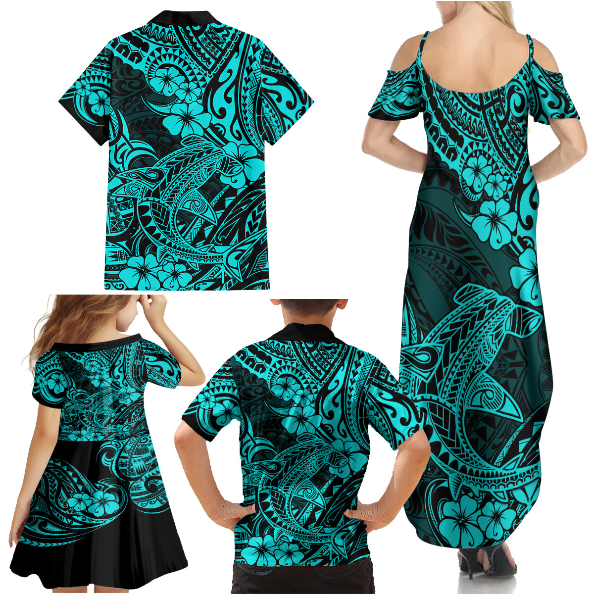 Hawaii Shark Family Matching Summer Maxi Dress and Hawaiian Shirt Polynesian Pattern Turquoise Version LT01 - Polynesian Pride