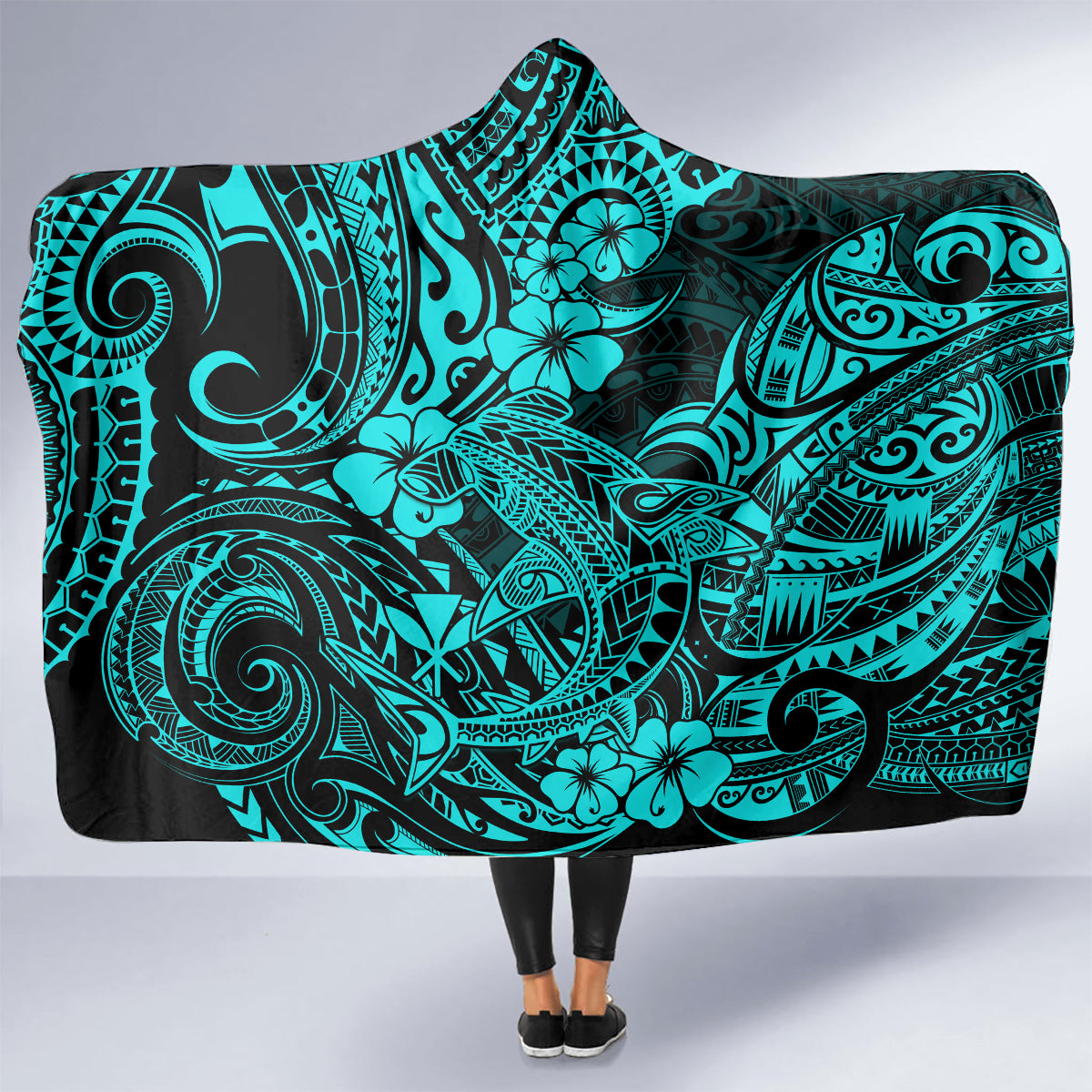 Hawaii Shark Hooded Blanket Polynesian Pattern Turquoise Version LT01 - Polynesian Pride