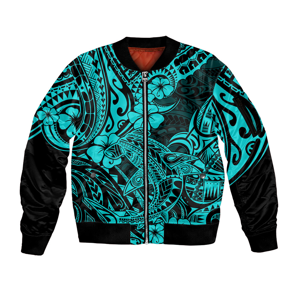 Hawaii Shark Sleeve Zip Bomber Jacket Polynesian Pattern Turquoise Version LT01 Unisex Turquoise - Polynesian Pride
