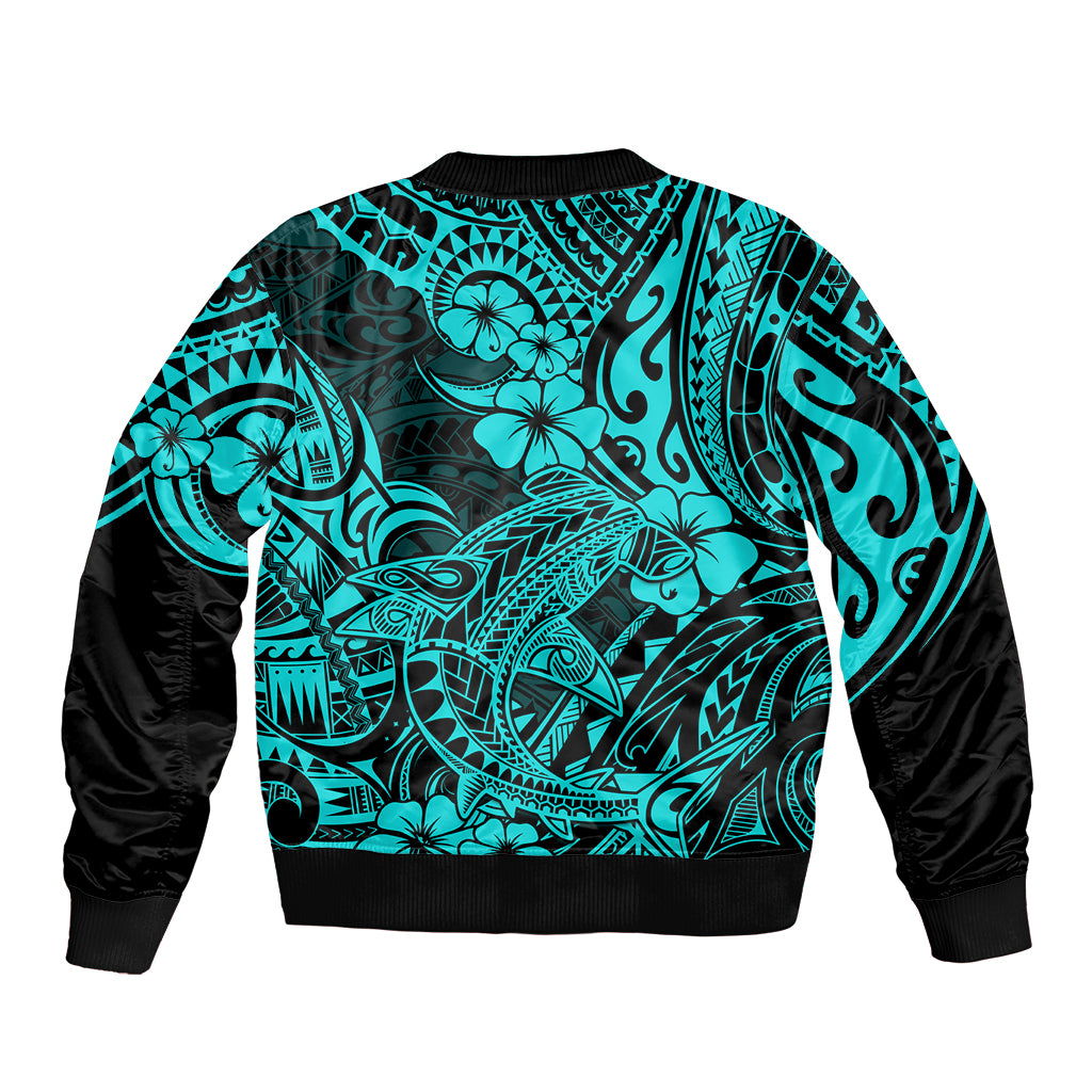 Hawaii Shark Sleeve Zip Bomber Jacket Polynesian Pattern Turquoise Version LT01 - Polynesian Pride