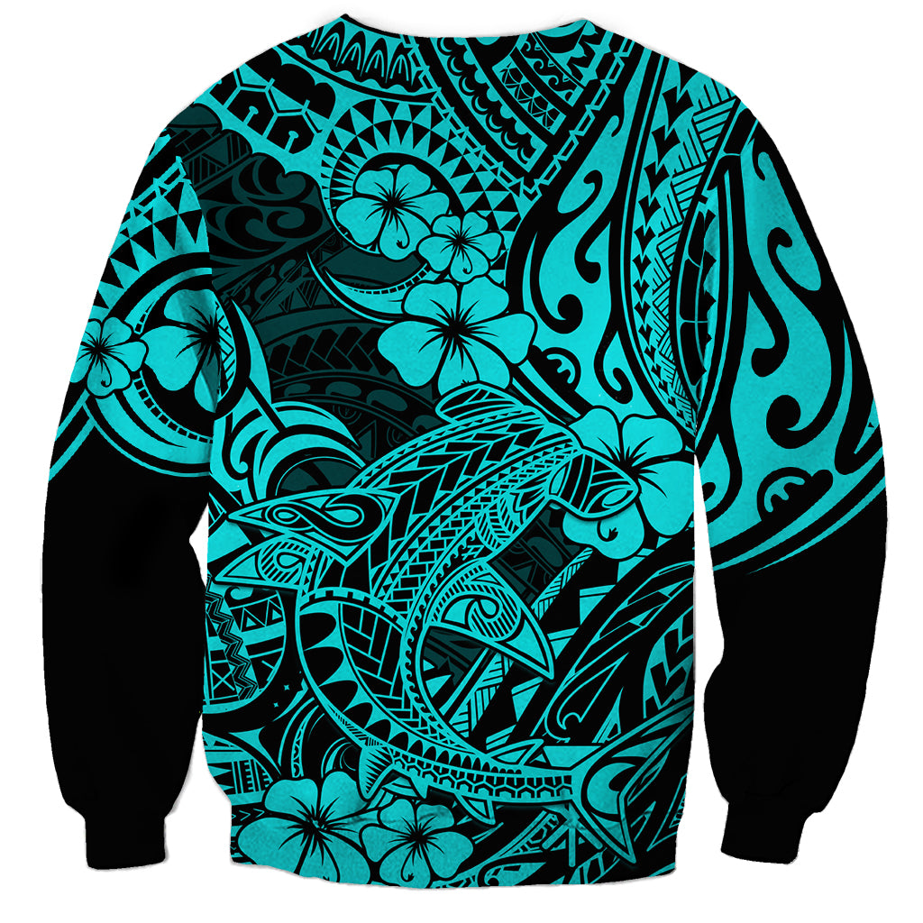 Hawaii Shark Sweatshirt Polynesian Pattern Turquoise Version LT01 - Polynesian Pride