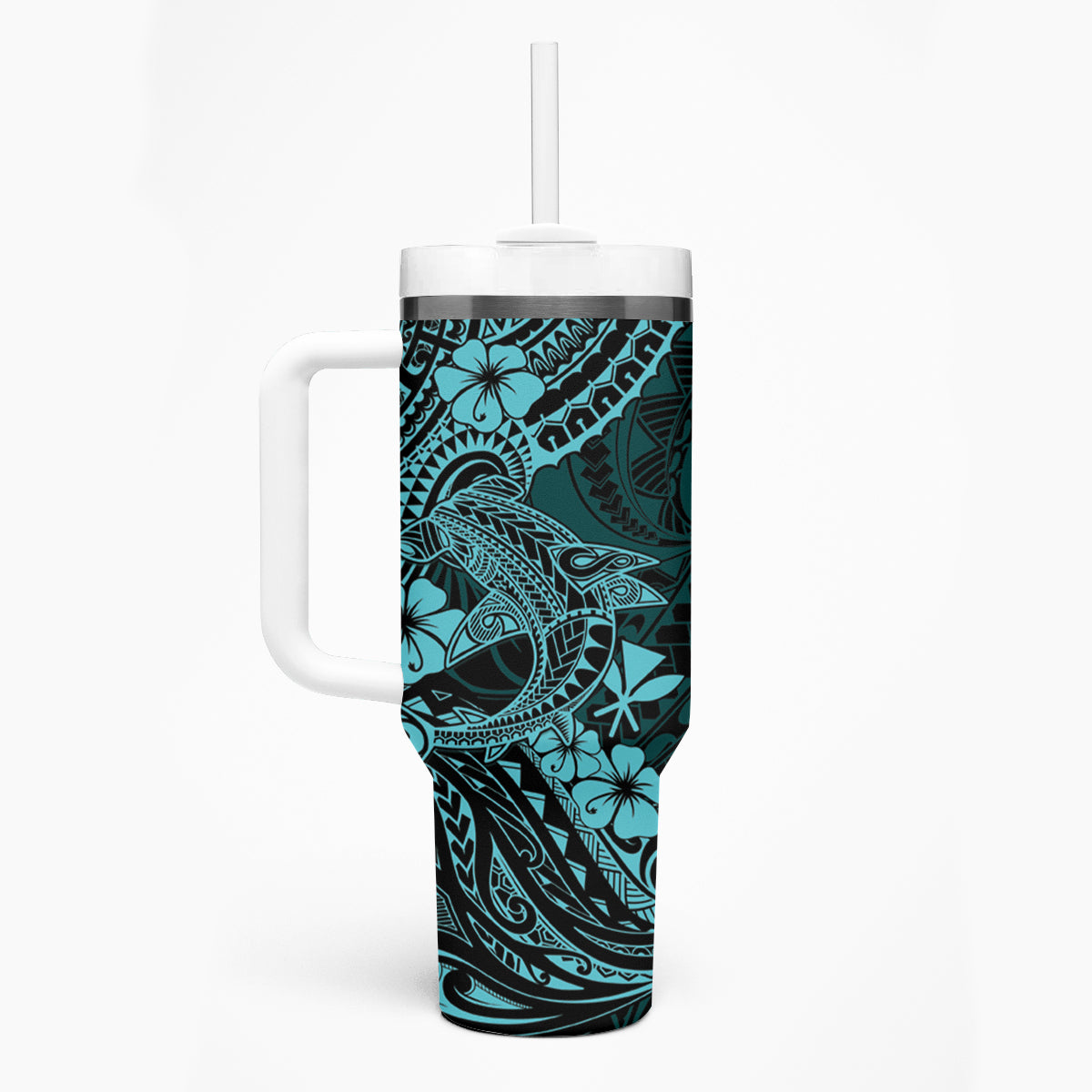 Hawaii Shark Tumbler With Handle Polynesian Pattern Turquoise Version