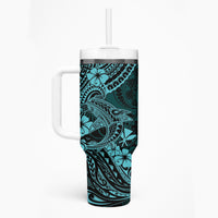 Hawaii Shark Tumbler With Handle Polynesian Pattern Turquoise Version
