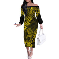 Hawaii Shark Family Matching Off Shoulder Long Sleeve Dress and Hawaiian Shirt Polynesian Pattern Yellow Version LT01 Mom's Dress Yellow - Polynesian Pride