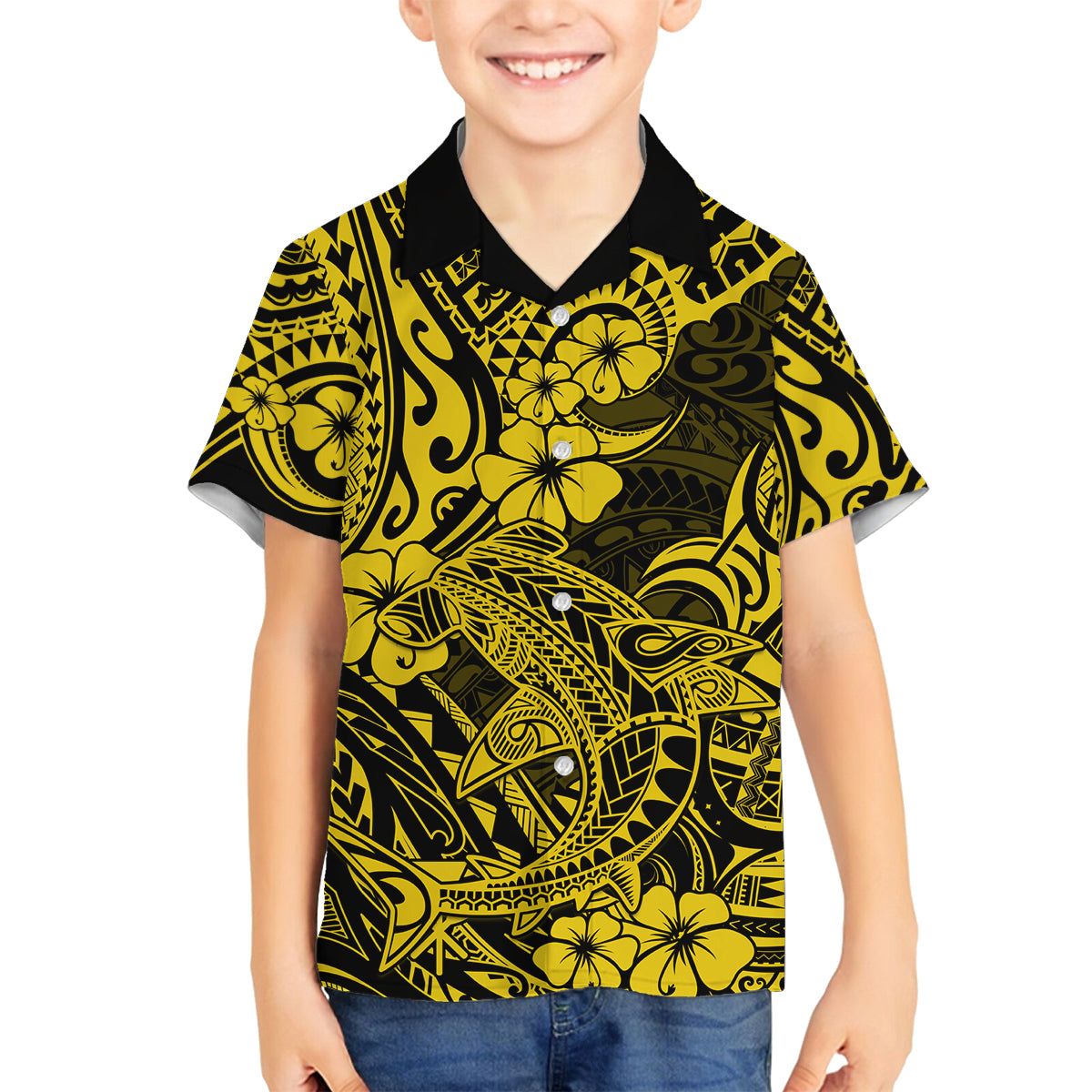 Hawaii Shark Family Matching Off Shoulder Long Sleeve Dress and Hawaiian Shirt Polynesian Pattern Yellow Version LT01 Son's Shirt Yellow - Polynesian Pride