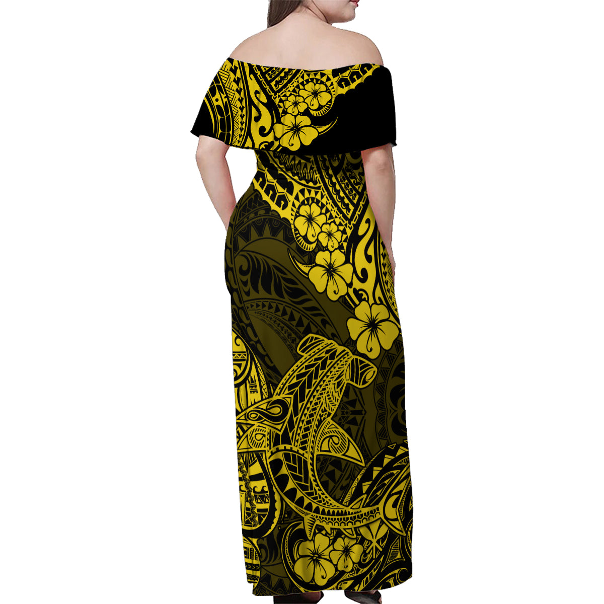 Hawaii Shark Family Matching Off Shoulder Maxi Dress and Hawaiian Shirt Polynesian Pattern Yellow Version LT01 - Polynesian Pride