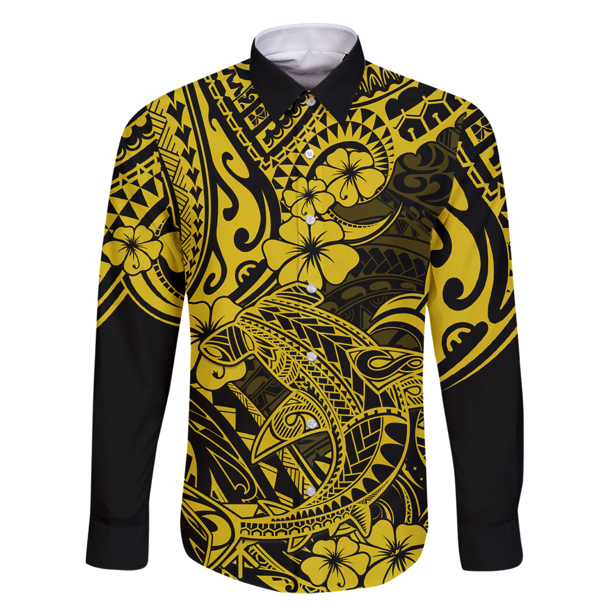 Hawaii Shark Family Matching Off Shoulder Short Dress and Hawaiian Shirt Polynesian Pattern Yellow Version LT01 Dad's Shirt - Long Sleeve Yellow - Polynesian Pride