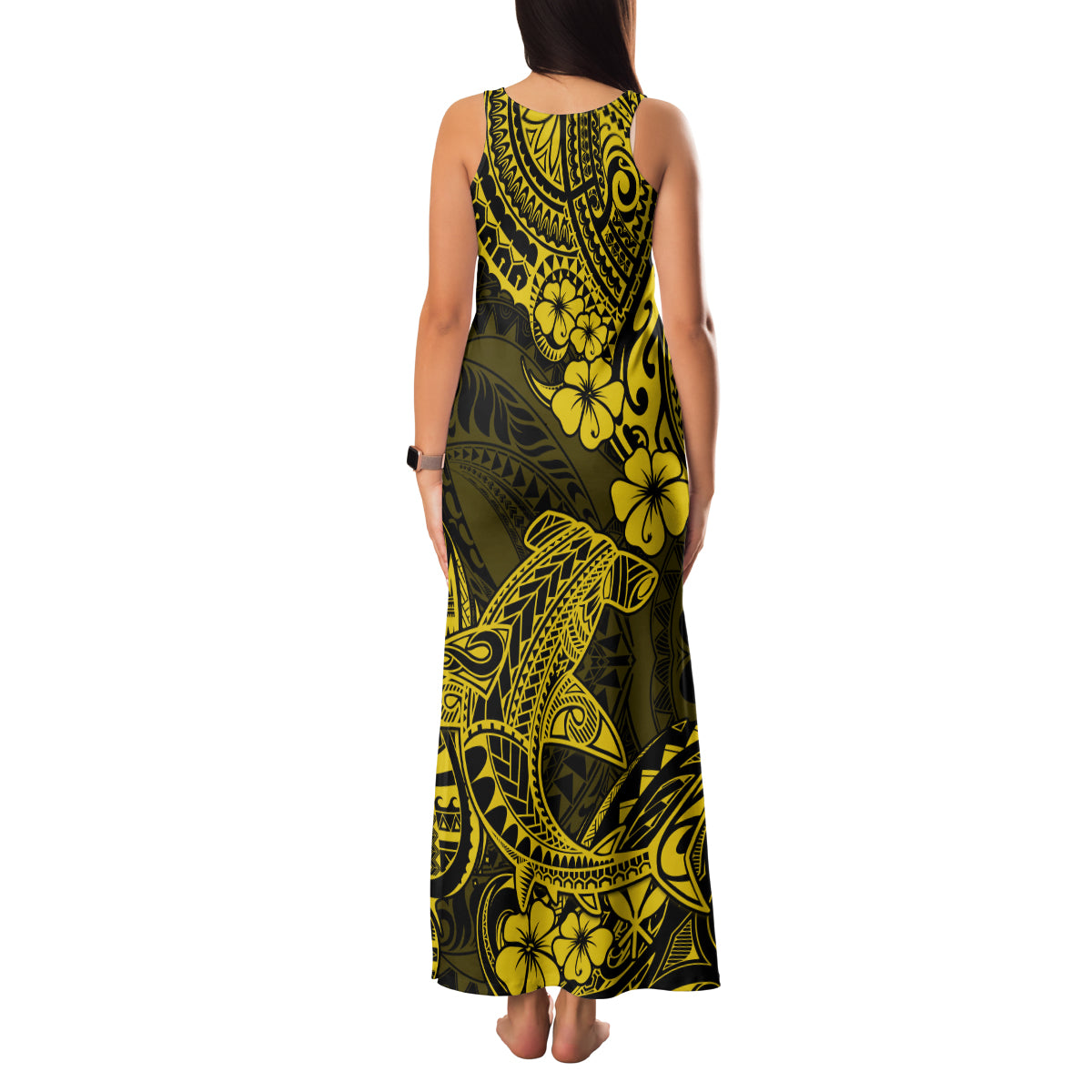 Hawaii Shark Family Matching Tank Maxi Dress and Hawaiian Shirt Polynesian Pattern Yellow Version LT01 - Polynesian Pride