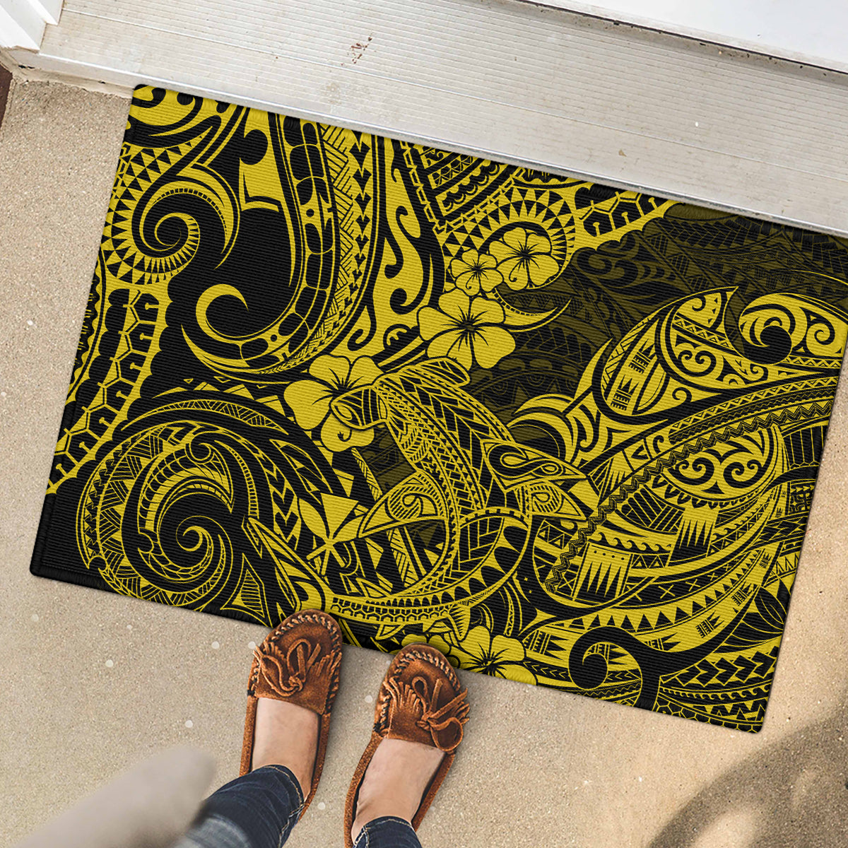 Hawaii Shark Rubber Doormat Polynesian Pattern Yellow Version LT01 - Polynesian Pride
