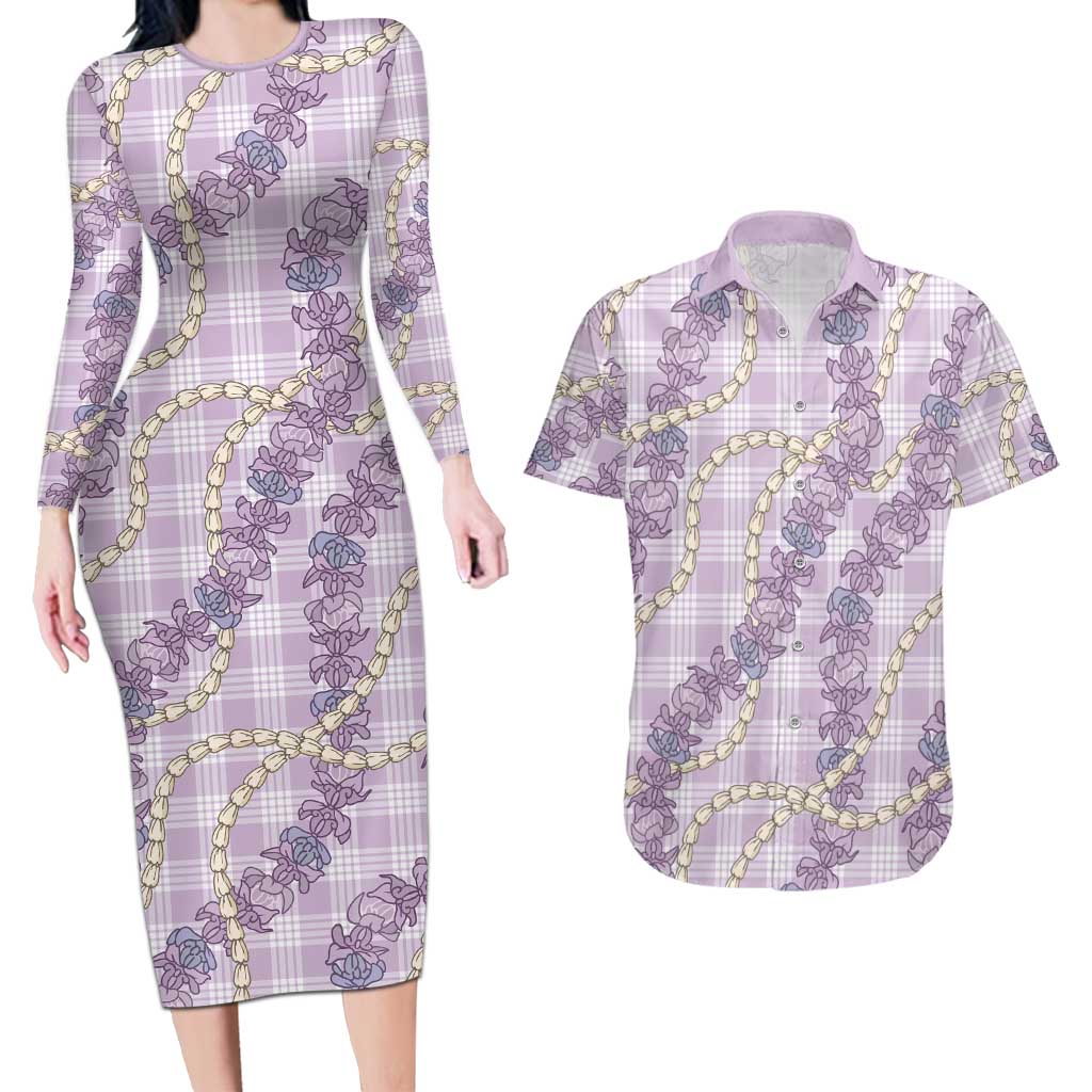 Pua Kalaunu Lei Couples Matching Long Sleeve Bodycon Dress and Hawaiian Shirt Palaka Pattern LT01 Purple - Polynesian Pride