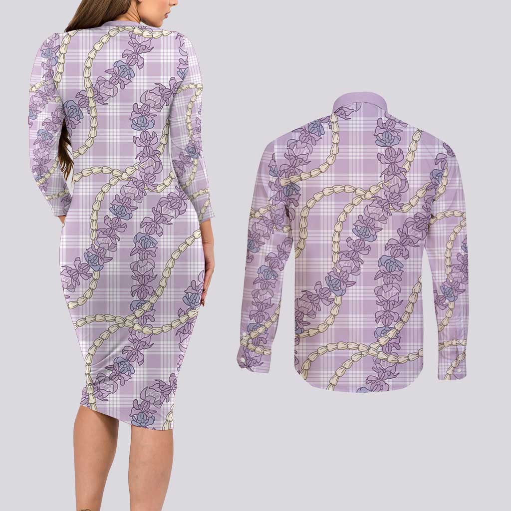 Pua Kalaunu Lei Couples Matching Long Sleeve Bodycon Dress and Long Sleeve Button Shirt Palaka Pattern