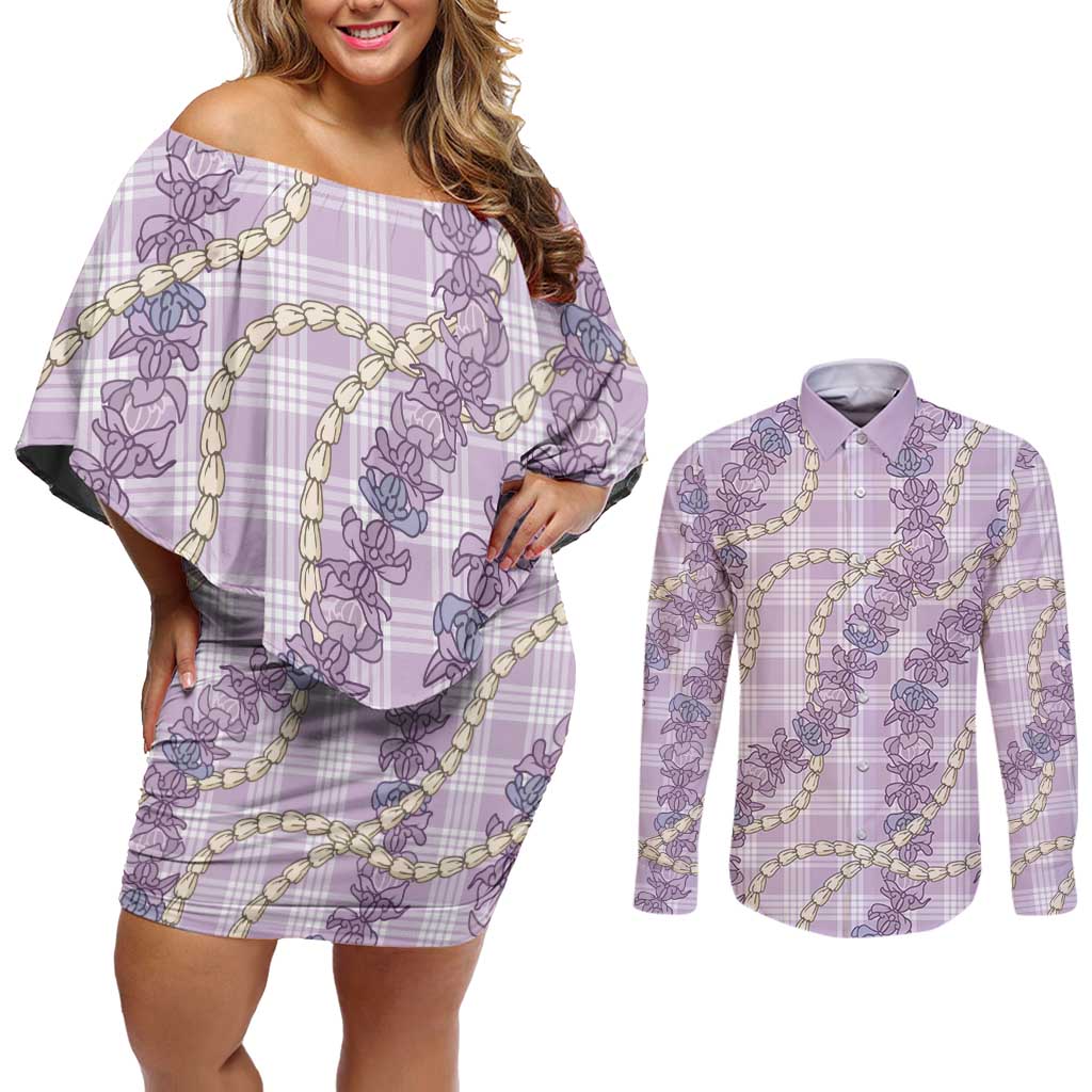 Pua Kalaunu Lei Couples Matching Off Shoulder Short Dress and Long Sleeve Button Shirt Palaka Pattern LT01 Purple - Polynesian Pride