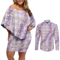 Pua Kalaunu Lei Couples Matching Off Shoulder Short Dress and Long Sleeve Button Shirt Palaka Pattern LT01 Purple - Polynesian Pride