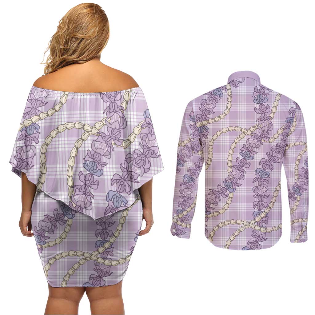 Pua Kalaunu Lei Couples Matching Off Shoulder Short Dress and Long Sleeve Button Shirt Palaka Pattern LT01 - Polynesian Pride