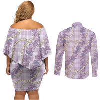 Pua Kalaunu Lei Couples Matching Off Shoulder Short Dress and Long Sleeve Button Shirt Palaka Pattern LT01 - Polynesian Pride