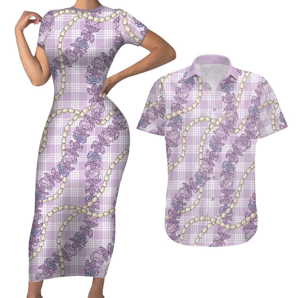 Pua Kalaunu Lei Couples Matching Short Sleeve Bodycon Dress and Hawaiian Shirt Palaka Pattern LT01 Purple - Polynesian Pride