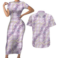 Pua Kalaunu Lei Couples Matching Short Sleeve Bodycon Dress and Hawaiian Shirt Palaka Pattern LT01 Purple - Polynesian Pride