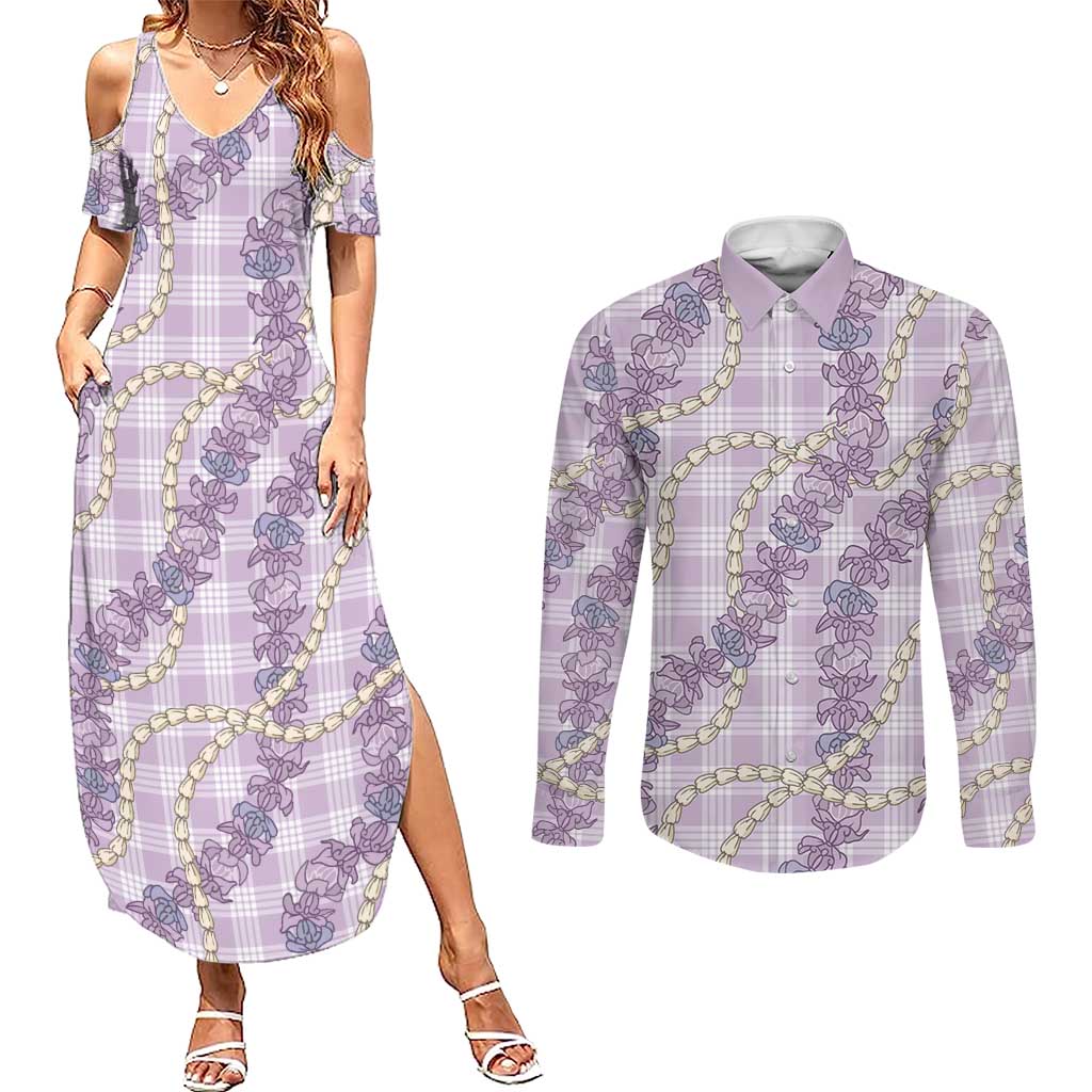 Pua Kalaunu Lei Couples Matching Summer Maxi Dress and Long Sleeve Button Shirt Palaka Pattern LT01 Purple - Polynesian Pride