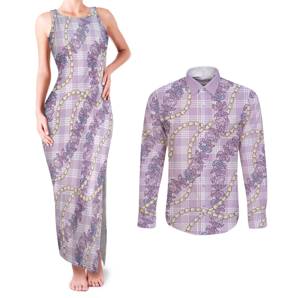 Pua Kalaunu Lei Couples Matching Tank Maxi Dress and Long Sleeve Button Shirt Palaka Pattern LT01 Purple - Polynesian Pride
