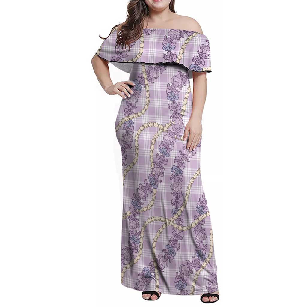 Pua Kalaunu Lei Family Matching Off Shoulder Maxi Dress and Hawaiian Shirt Palaka Pattern LT01 Mom's Dress Purple - Polynesian Pride