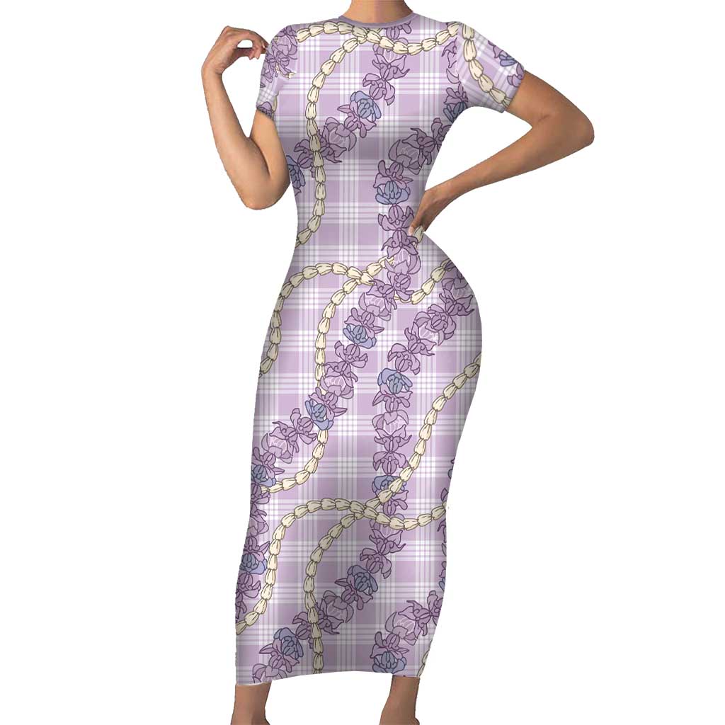 Pua Kalaunu Lei Family Matching Short Sleeve Bodycon Dress and Hawaiian Shirt Palaka Pattern LT01 Mom's Dress Purple - Polynesian Pride