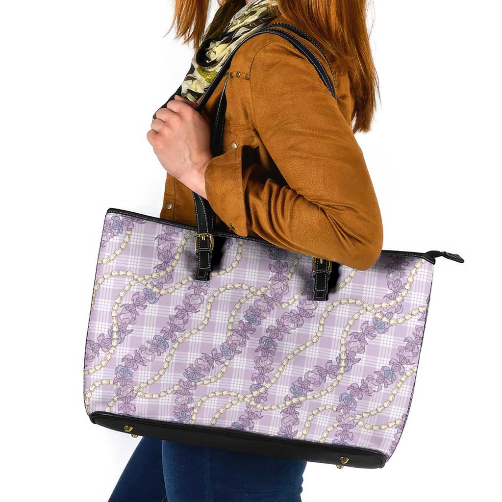 Pua Kalaunu Lei Leather Tote Bag Palaka Pattern LT01 Purple - Polynesian Pride