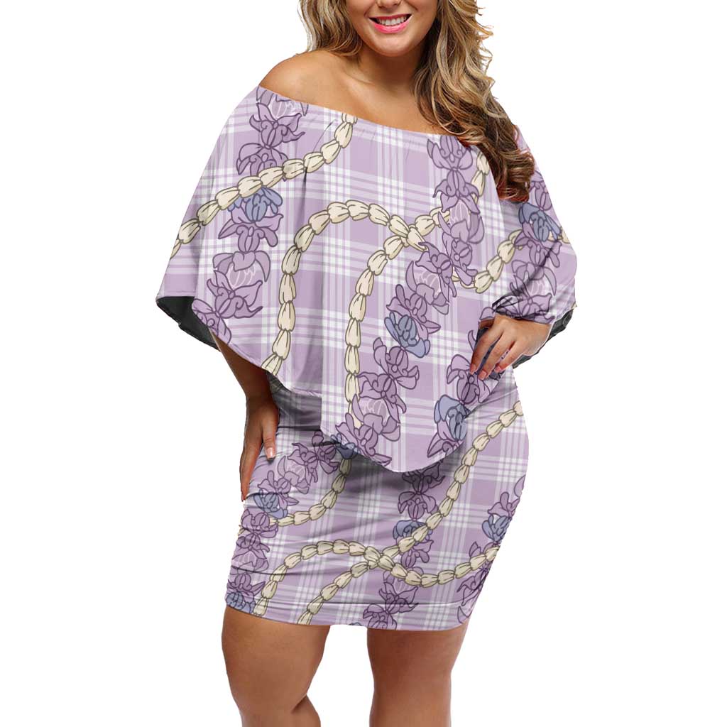 Pua Kalaunu Lei Off Shoulder Short Dress Palaka Pattern LT01 Women Purple - Polynesian Pride