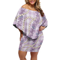 Pua Kalaunu Lei Off Shoulder Short Dress Palaka Pattern LT01 Women Purple - Polynesian Pride