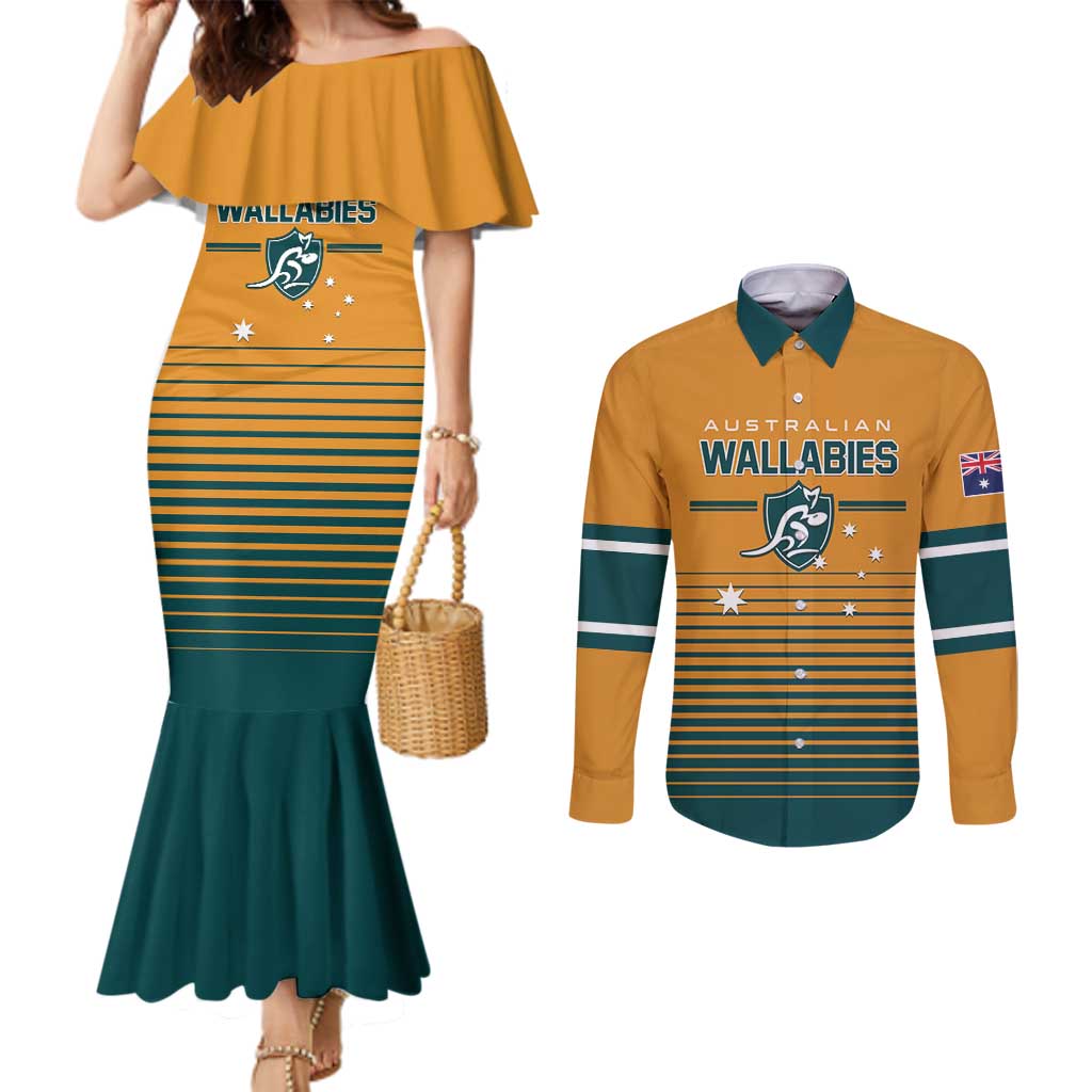 Custom Rugby Australia Couples Matching Mermaid Dress and Long Sleeve Button Shirt Junior Wallabies Go Champions