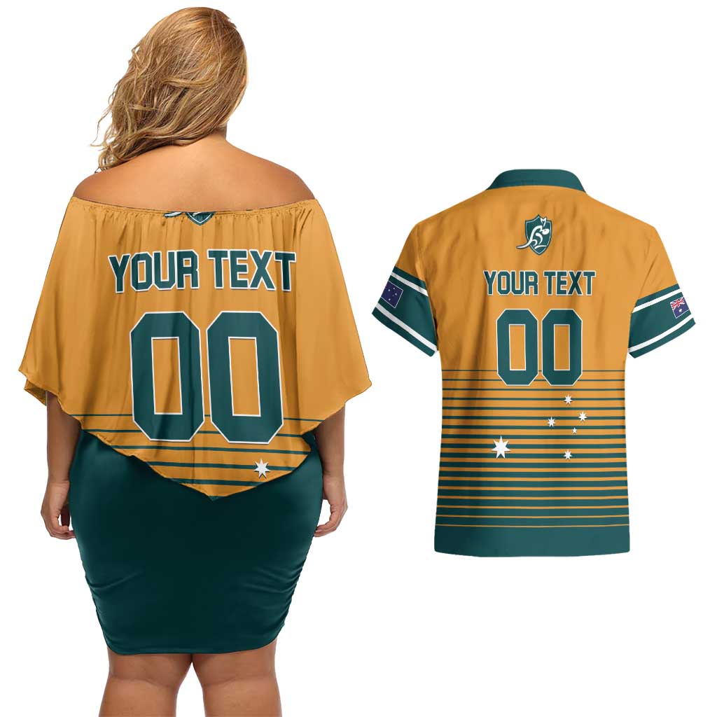 Custom Rugby Australia Couples Matching Off Shoulder Short Dress and Hawaiian Shirt Junior Wallabies Go Champions