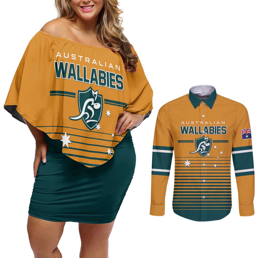 Custom Rugby Australia Couples Matching Off Shoulder Short Dress and Long Sleeve Button Shirt Junior Wallabies Go Champions