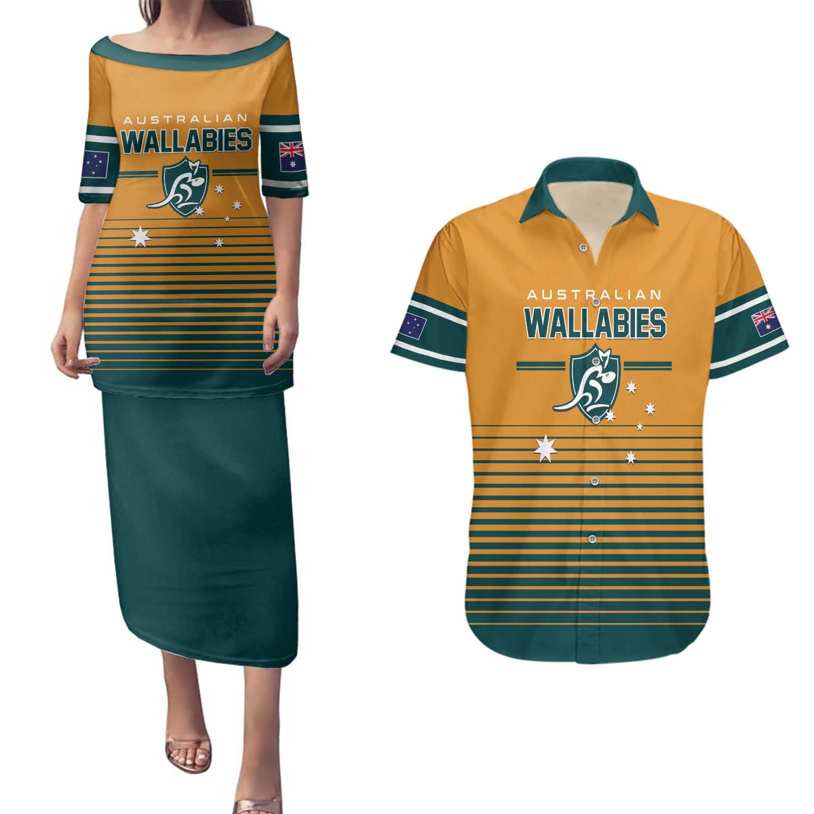 Custom Rugby Australia Couples Matching Puletasi and Hawaiian Shirt Junior Wallabies Go Champions
