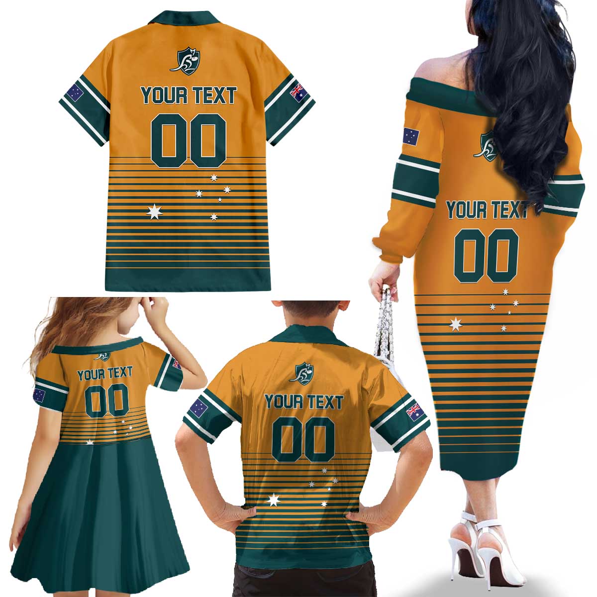 Custom Rugby Australia Family Matching Off The Shoulder Long Sleeve Dress and Hawaiian Shirt Junior Wallabies Go Champions