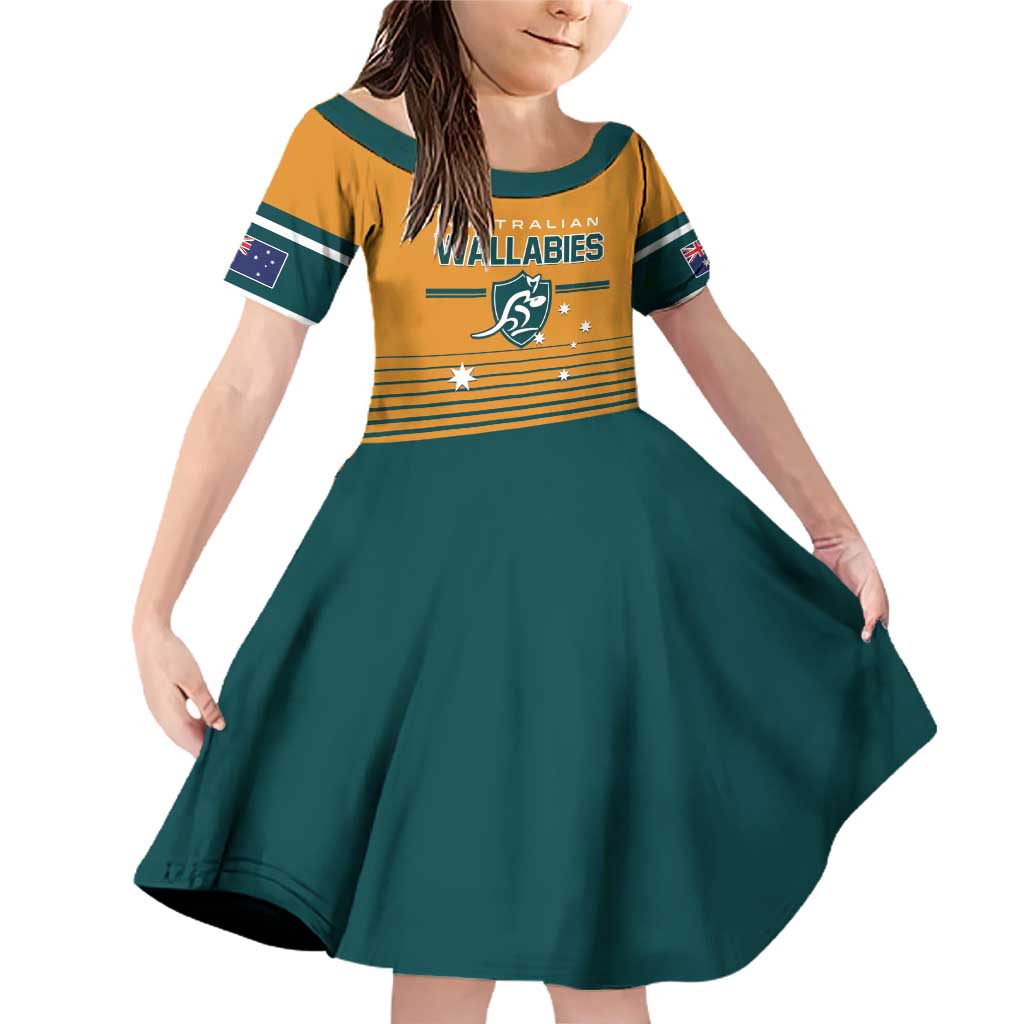 Custom Rugby Australia Family Matching Off Shoulder Short Dress and Hawaiian Shirt Junior Wallabies Go Champions