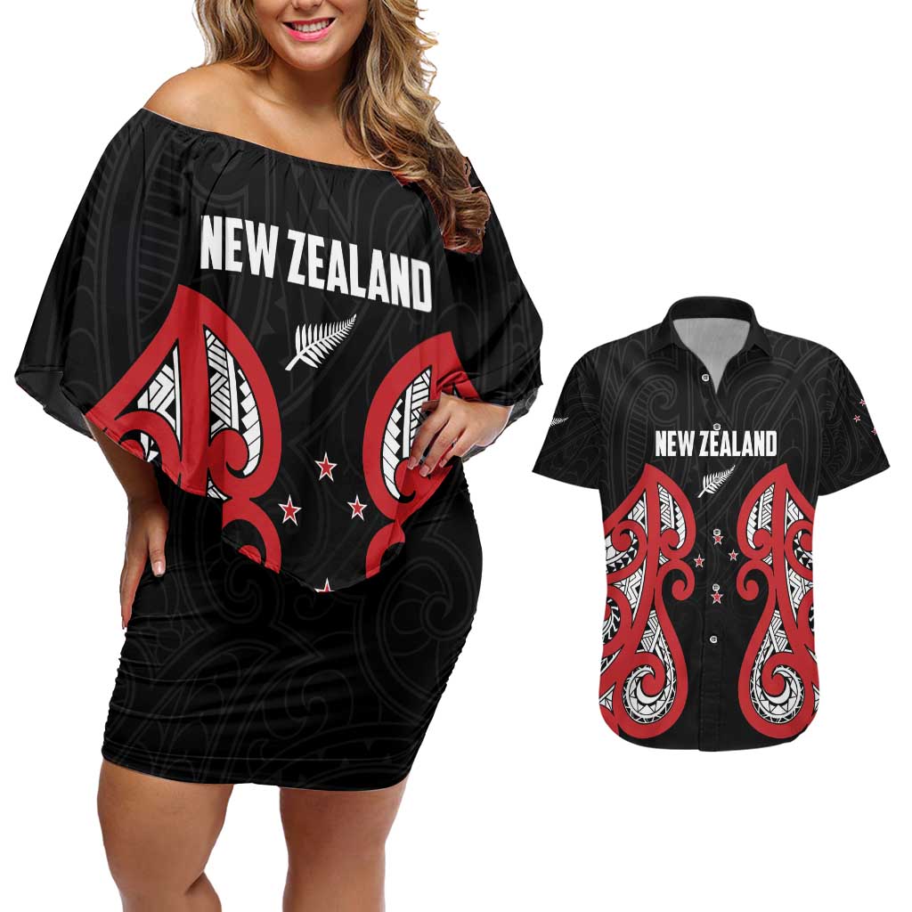 Custom Rugby New Zealand Couples Matching Off Shoulder Short Dress and Hawaiian Shirt Baby Black Go Champions