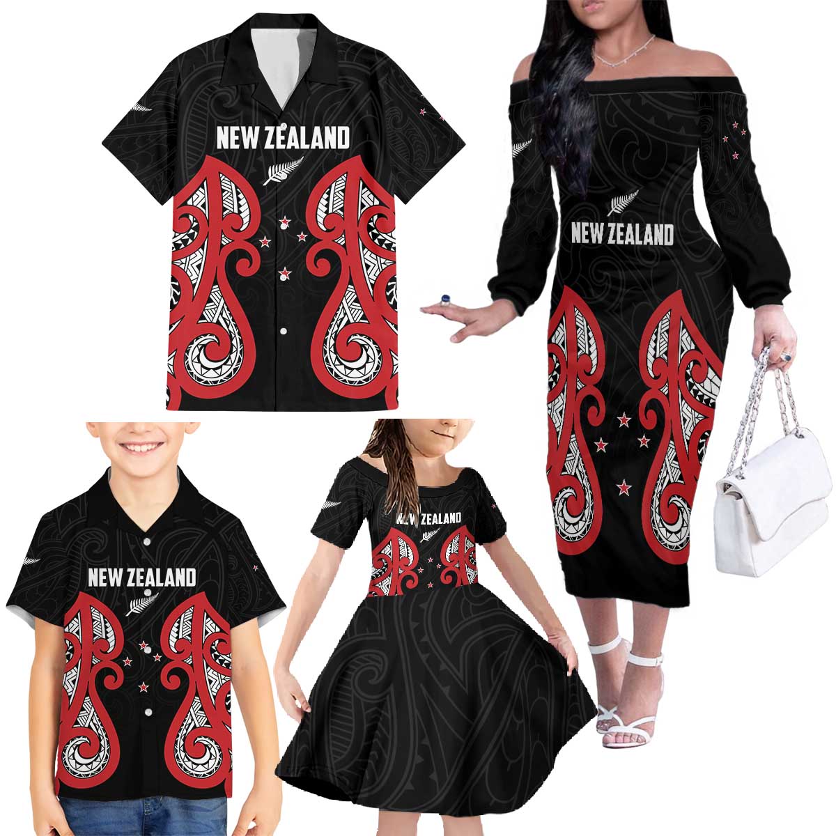Custom Rugby New Zealand Family Matching Off The Shoulder Long Sleeve Dress and Hawaiian Shirt Baby Black Go Champions