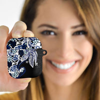 Monstera Plumeria Flowers Blue AirPods Case Polynesian Pattern