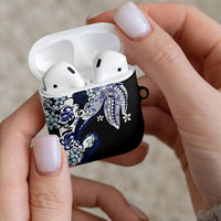 Monstera Plumeria Flowers Blue AirPods Case Polynesian Pattern